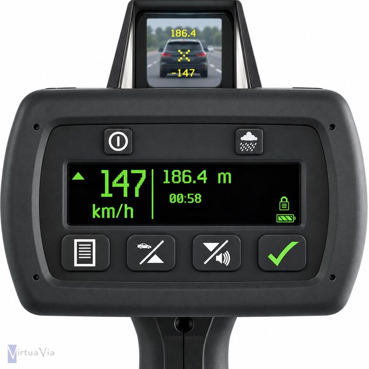 Voir la photo 3 : Arrière du ProLaser 4 : écran OLED affichant 147 km/h et 186,4 m, viseur tête haute au-dessus
