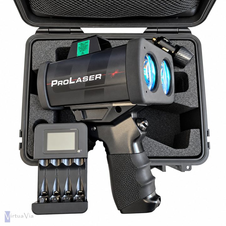 Voir la photo 7 : ProLaser 4, chargeur et piles devant la mallette ouverte